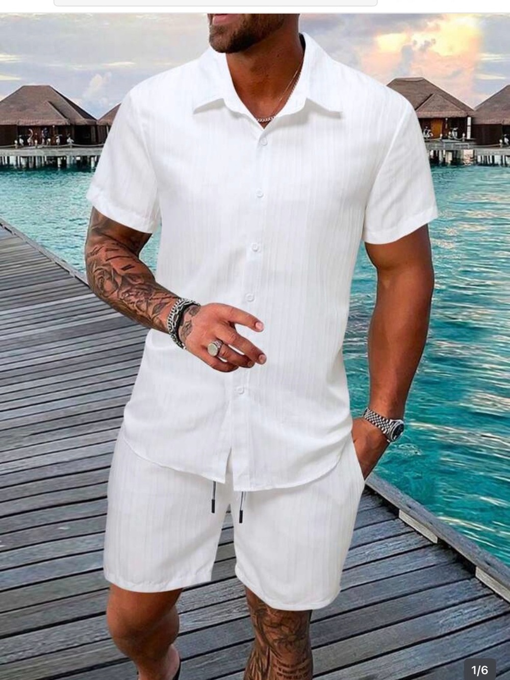 Shein all white Men Solid Shirt & Drawstring Waist Shorts set XL